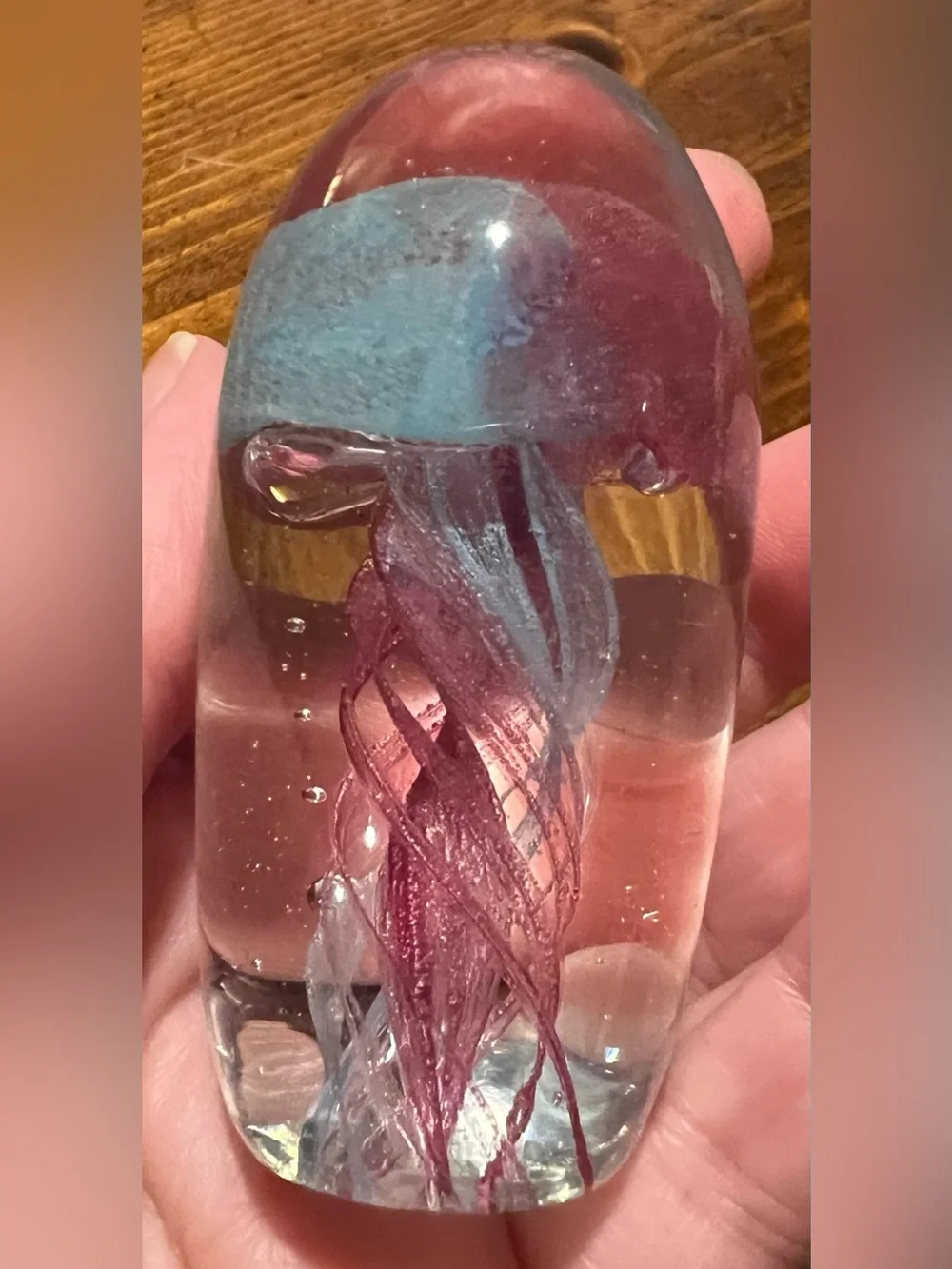VTG Jellyfish Blue & Pink Blown Glass Egg-shaped Paperweight 3 Inches